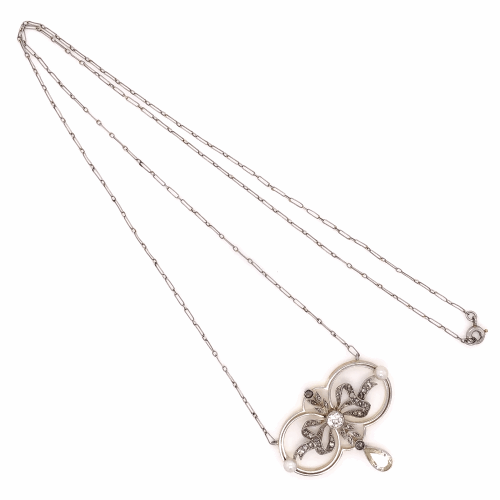 Pear Shape Diamond .40ct
Side Diamonds .30tcw
Circa 1900 Platinum on 18K Yellow Gold Edwardian Necklace with Pearls & .70tcw Diamonds, 18" Long Chain