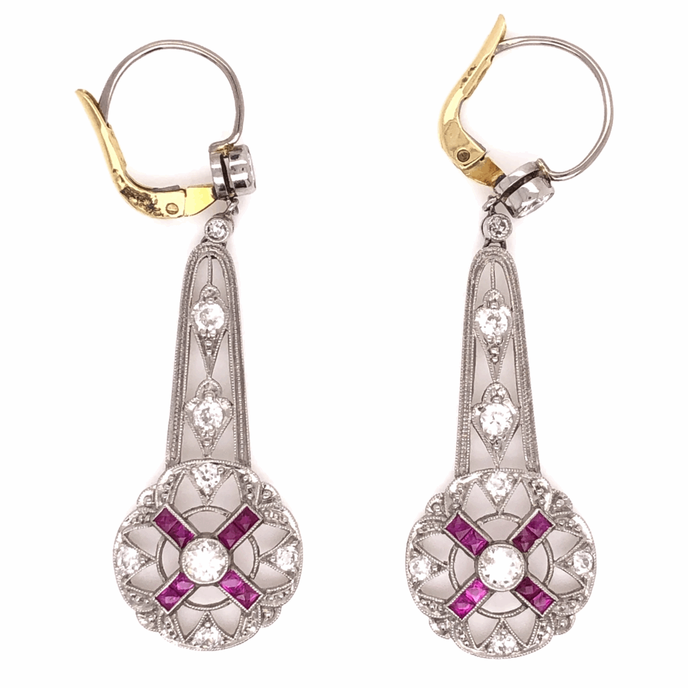Image 2 for Platinum Art Deco 1.15tcw Diamond & .75tcw Ruby Drop Earrings, 1.75" Tall