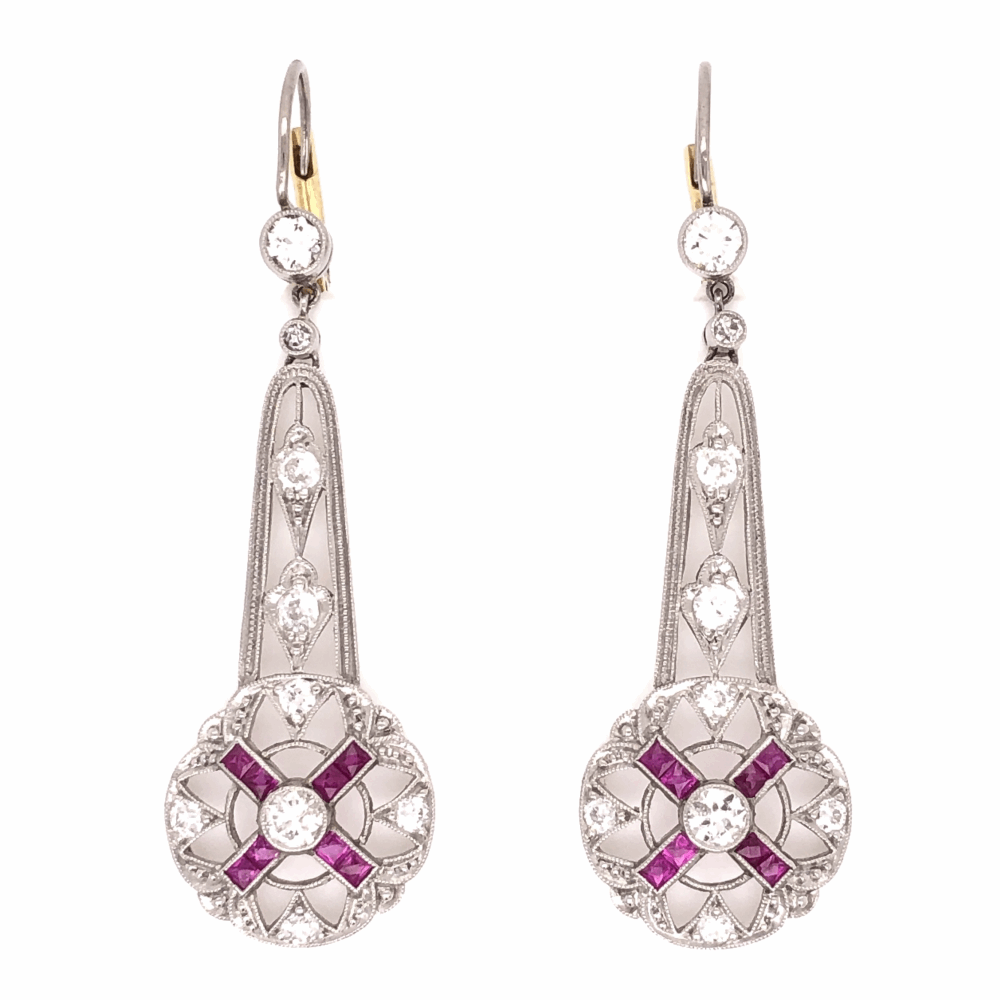 Platinum Art Deco 1.15tcw Diamond & .75tcw Ruby Drop Earrings, 1.75" Tall