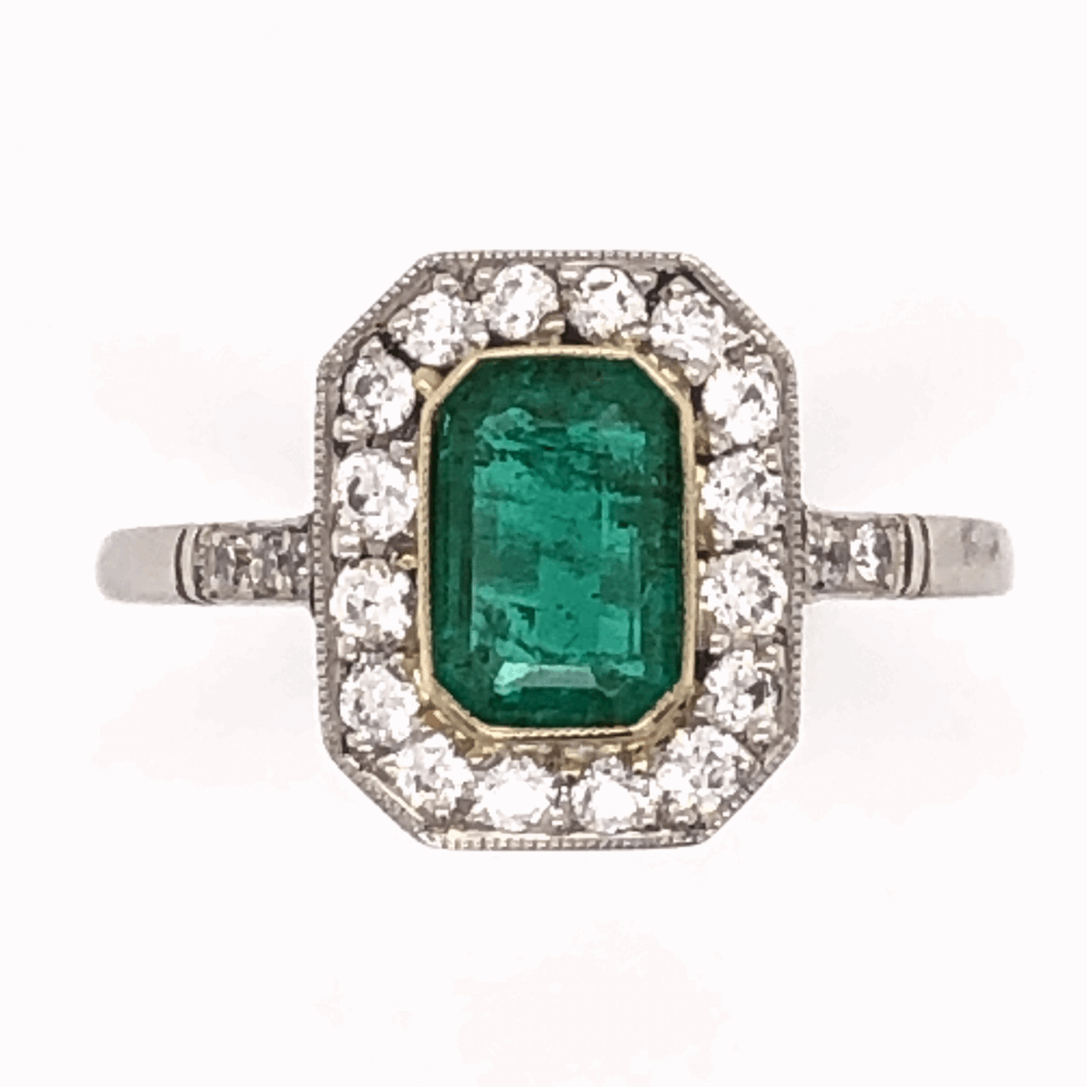 Emerald Bezel is in 18K Yellow Gold Platinum Art Deco .85ct Emerald Cut Emerald Ring with .46tcw Diamonds, size 7