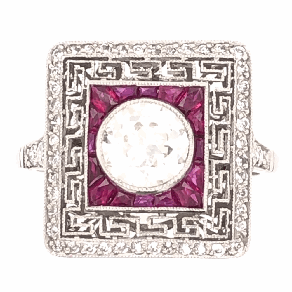 Art Deco Style
Handmade Platinum Art Deco .93ct Old European Cut Diamond & 1.18tcw Ruby Ring with .56tcw side Diamonds, s7