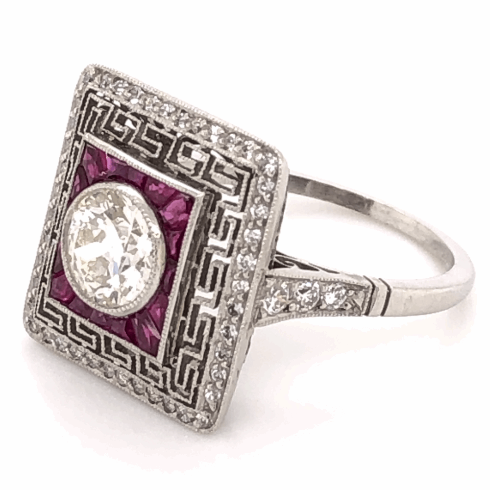 Image 2 for Platinum Art Deco .93ct Old European Cut Diamond & 1.18tcw Ruby Ring with .56tcw side Diamonds, s7