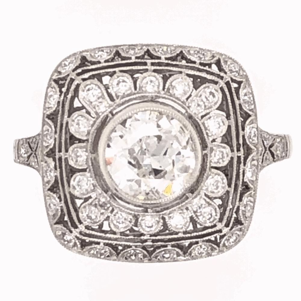 Art Deco Style. Size 6.75. Platinum Art Deco .93ct Old European Cut Diamond & .69tcw side Diamond Ring, s6.75
