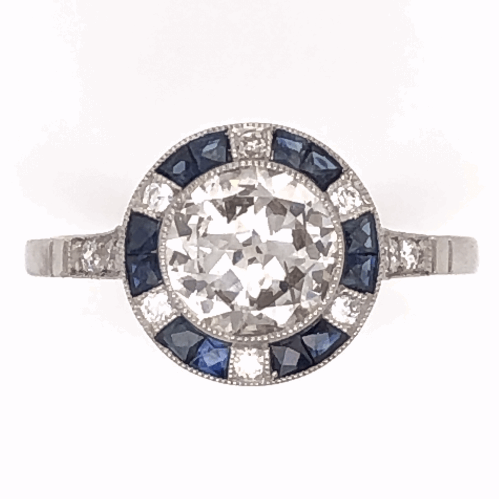 Art Deco Revival Platinum Art Deco .98ct Round Brilliant Diamond & .64tcw French Cut Sapphire Ring with .18tcw side Diamonds, s7.5