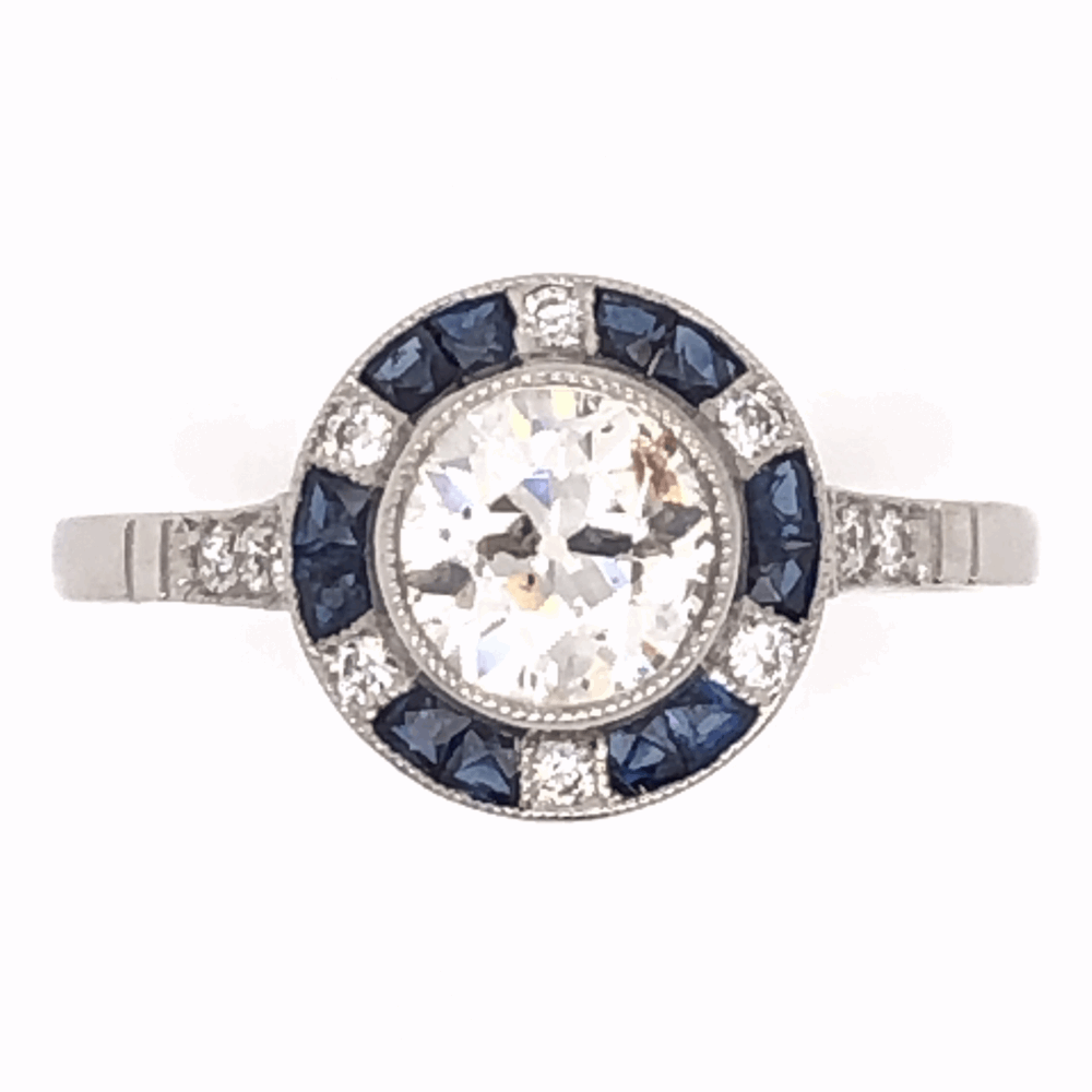 .16tcw Side Diamonds
Art Deco Revival Platinum Art Deco .92ct Old European Cut Diamond & .48tcw Sapphire Ring, s7.5