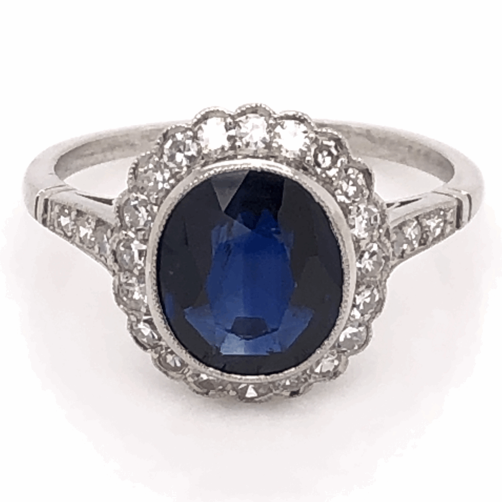 Art Deco Revival. Size 7. Platinum Art Deco 2.80ct Oval Dark Blue Sapphire & .66tcw Diamond Ring, s7