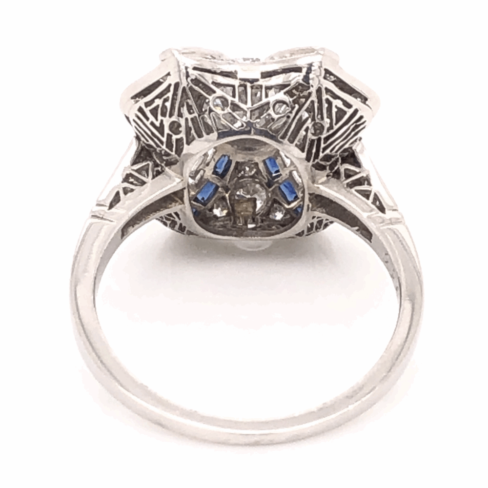 Image 2 for Platinum Art Deco .96ct Round Brilliant Diamond & .42tcw Sapphire Ring, s6.5
