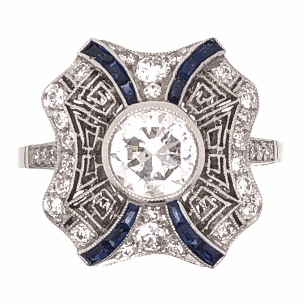 Art Deco Revival
.48tcw Side Diamonds Platinum Art Deco .96ct Round Brilliant Diamond & .42tcw Sapphire Ring, s6.5