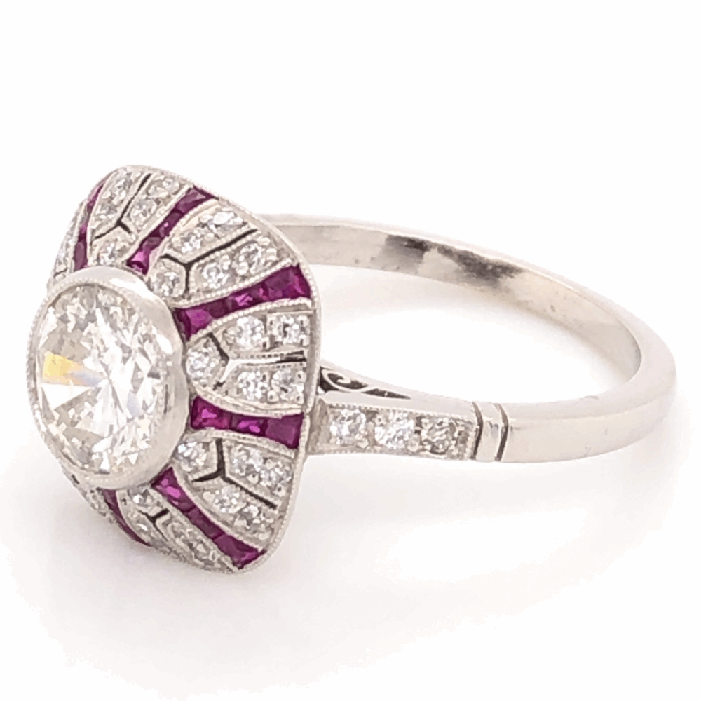 Image 2 for Platinum Art Deco 1.06ct Round Brilliant Diamond & .54tcw Ruby Ring, s7.5