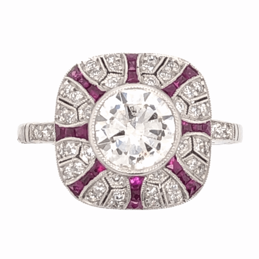 Art Deco Revival
Handmade
.66tcw Side Diamonds Platinum Art Deco 1.06ct Round Brilliant Diamond & .54tcw Ruby Ring, s7.5