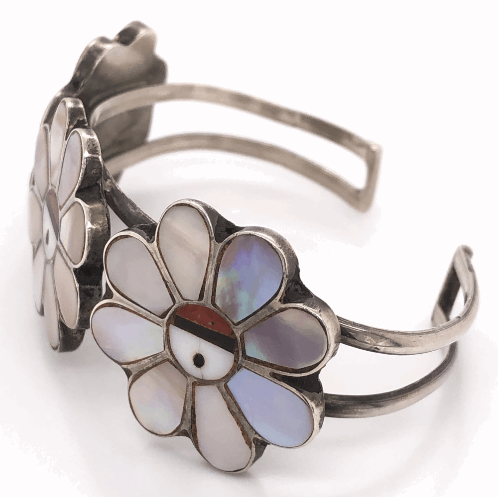 Image 2 for 925 Sterling Vintage Native HOPI 3 Inlay Headdress Cuff Bracelet 21.5g, 6.5"