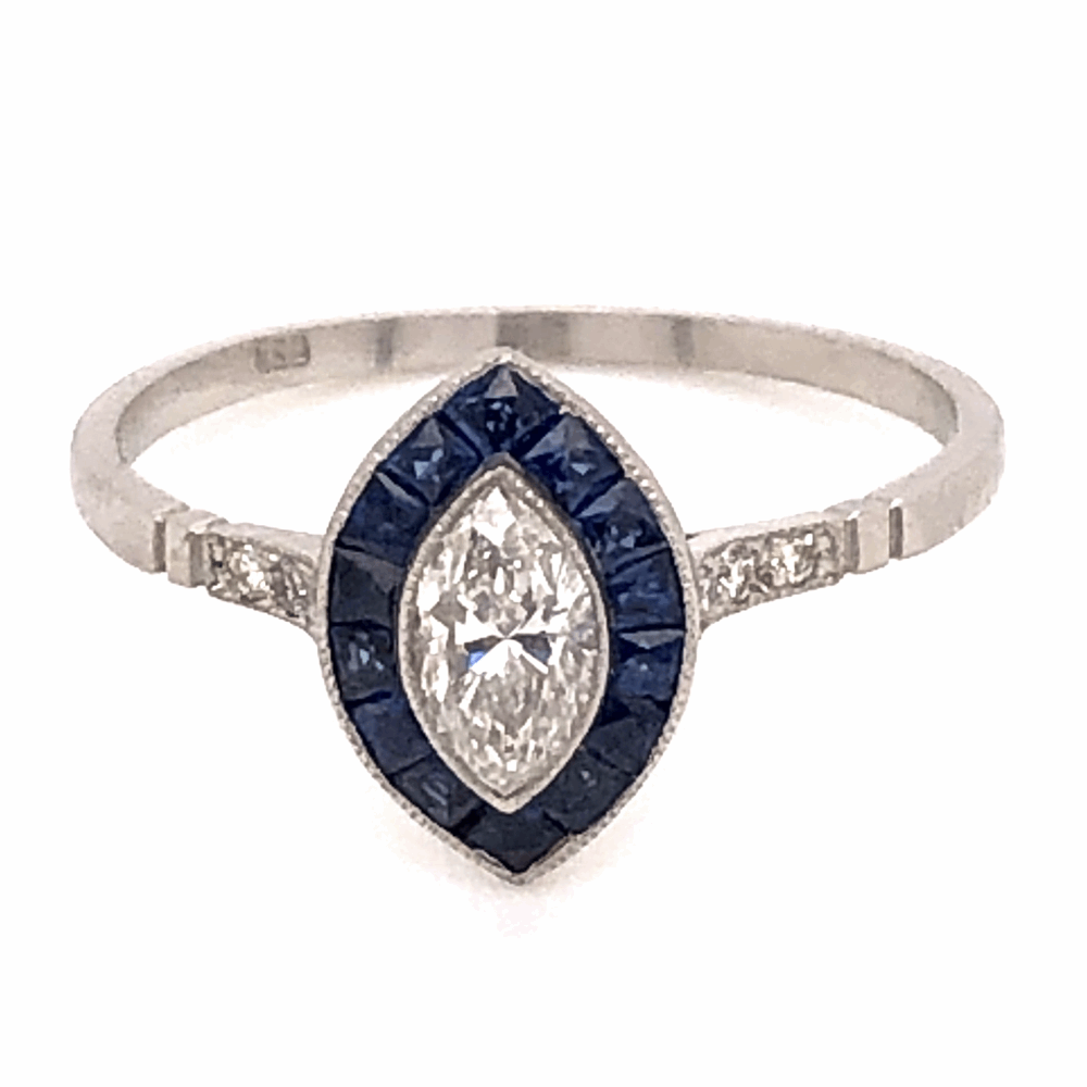 Size 7.25 Platinum Art Deco .40ct Marquis Diamond Ring with .68tcw Sapphire Halo 2.5g, s7.25
