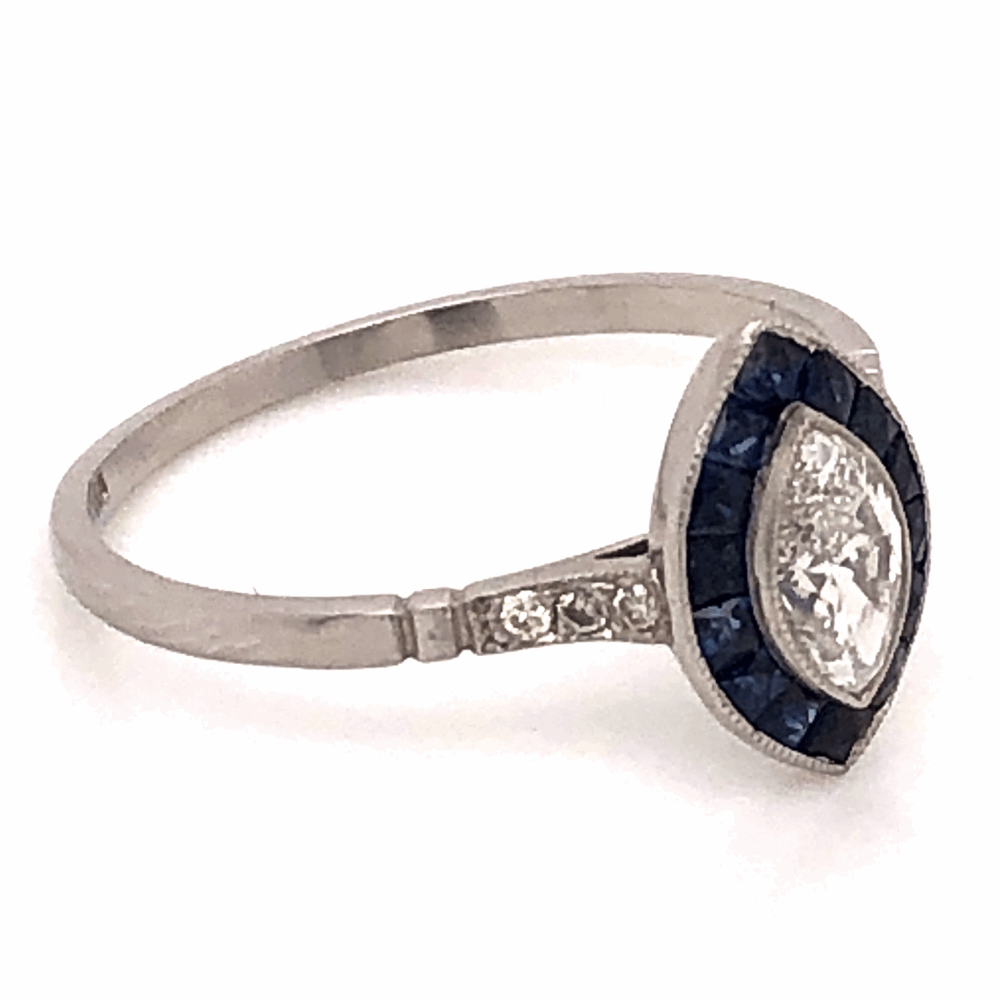 Image 2 for Platinum Art Deco .40ct Marquis Diamond Ring with .68tcw Sapphire Halo 2.5g, s7.25