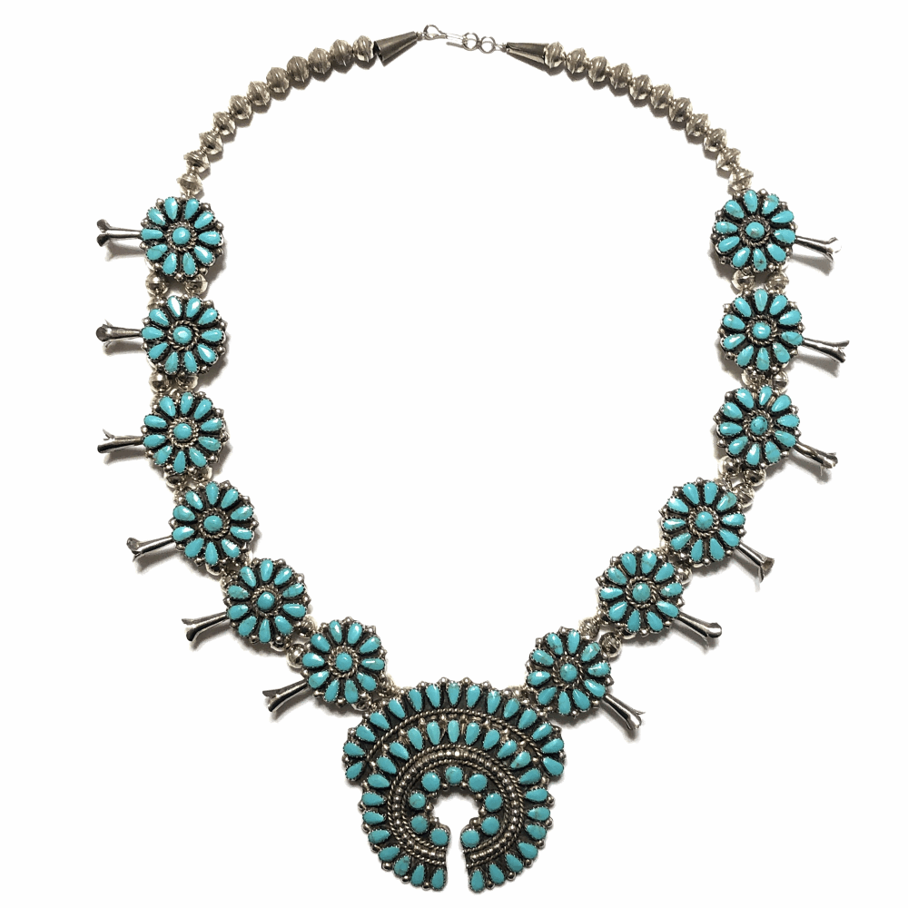 925 Sterling Native Old Pawn Zuni Petit Point Turquoise Squash Blossom ...