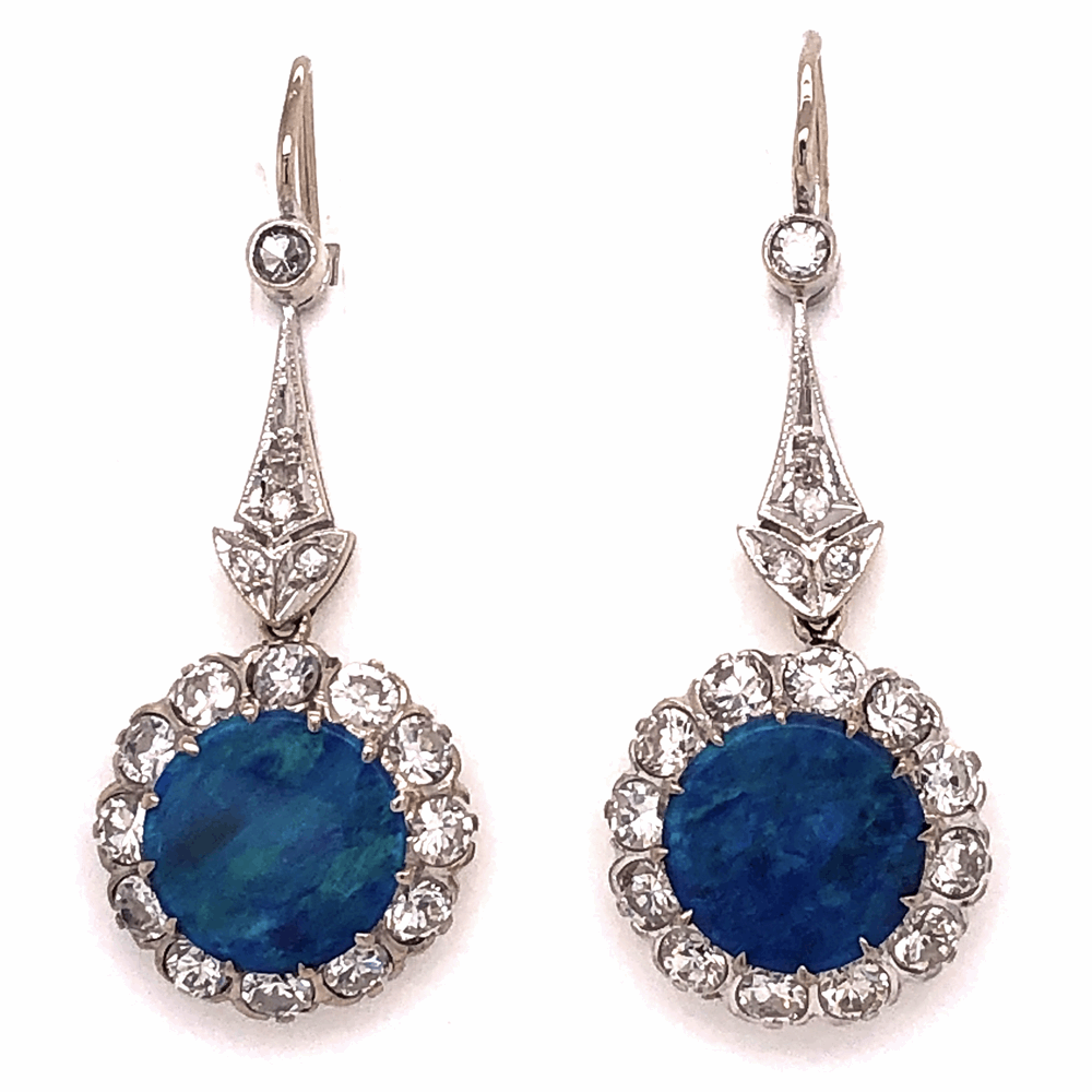 1.5" tall 14K White Gold Art Deco 3.25tcw Round Black Opal drop Earrings with 1.75tcw diamonds