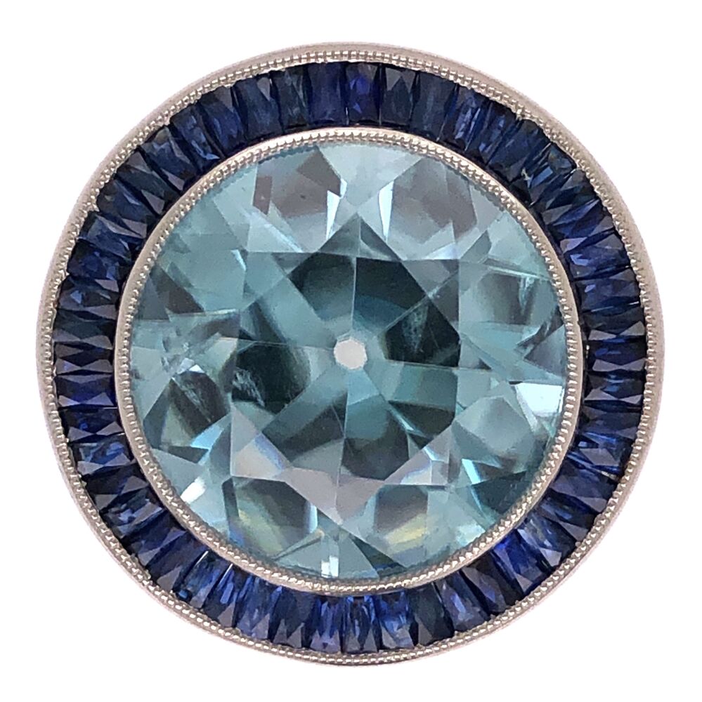Round Old European Cut Natural Blue Zircon. Size 6.5. Platinum Art Deco 12.35ct Blue Zircon & 2.20tcw Sapphire Ring w/.08tcw Diamonds 9.5g, s6.5