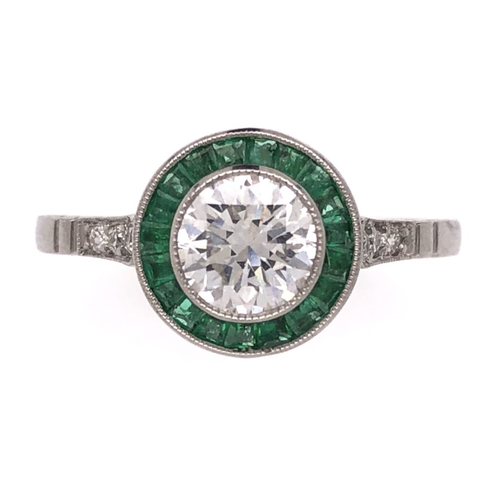 Art Deco Style Platinum Art Deco .76ct Round Diamond Ring with .44tcw Emerald Halo , s7