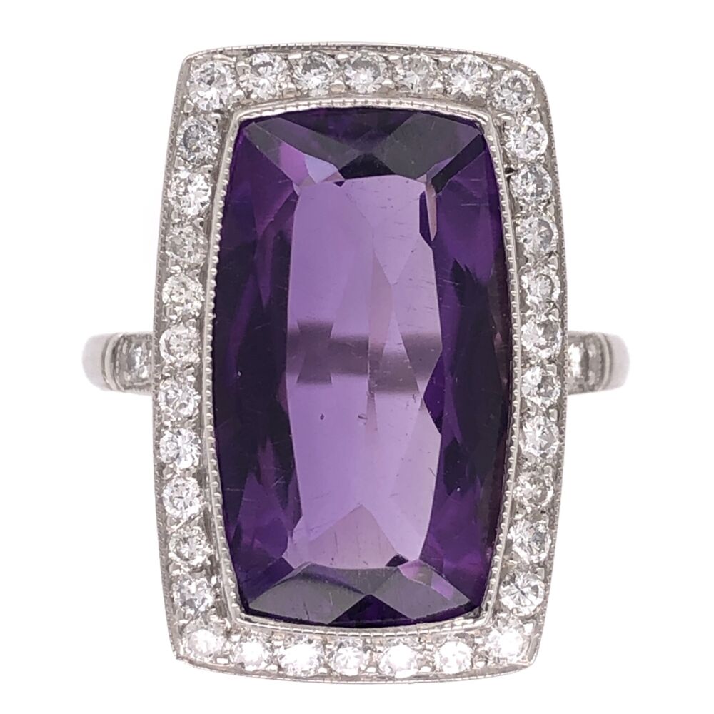 Size 6.75
20.5x13.4mm
Sits 6.5mm off the finger Platinum Art Deco Elongated 5.95ct Amethyst and .65tcw Diamond Ring 5.3g, 6.75