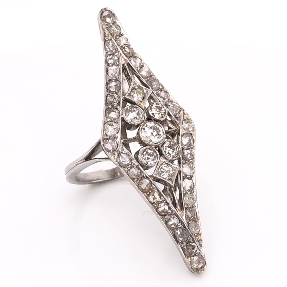 46.5x17mm. Size 6.5. Platinium Art Deco 3.00tcw Diamond Navette Cocktail Ring with Rose cuts and OEC's 9.8g, s6.5