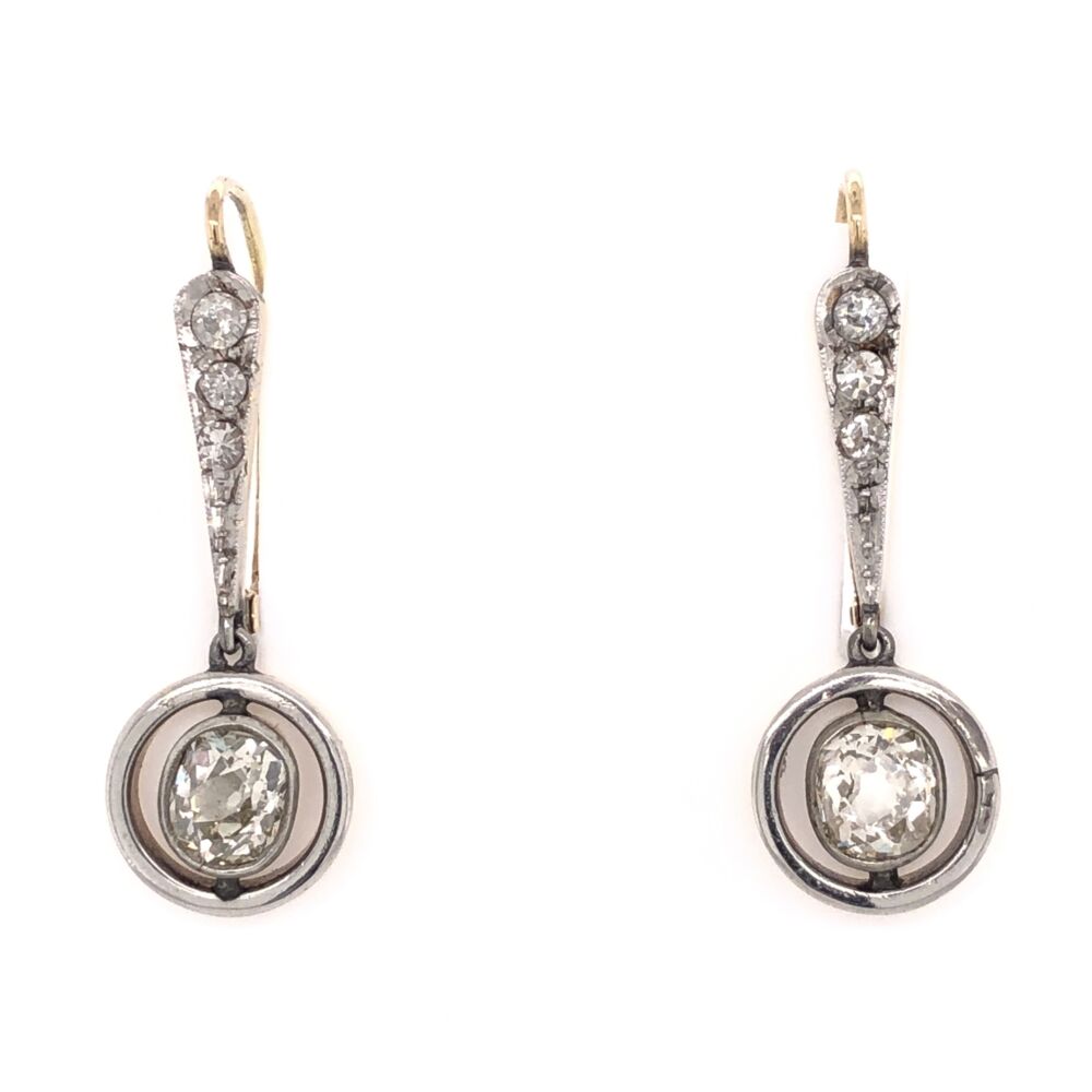 1.25" Long 18K Yellow Gold & Silver Drop Edwardian Earrings 2 Old Mine Diamonds are 1.60tcw & .20tcw