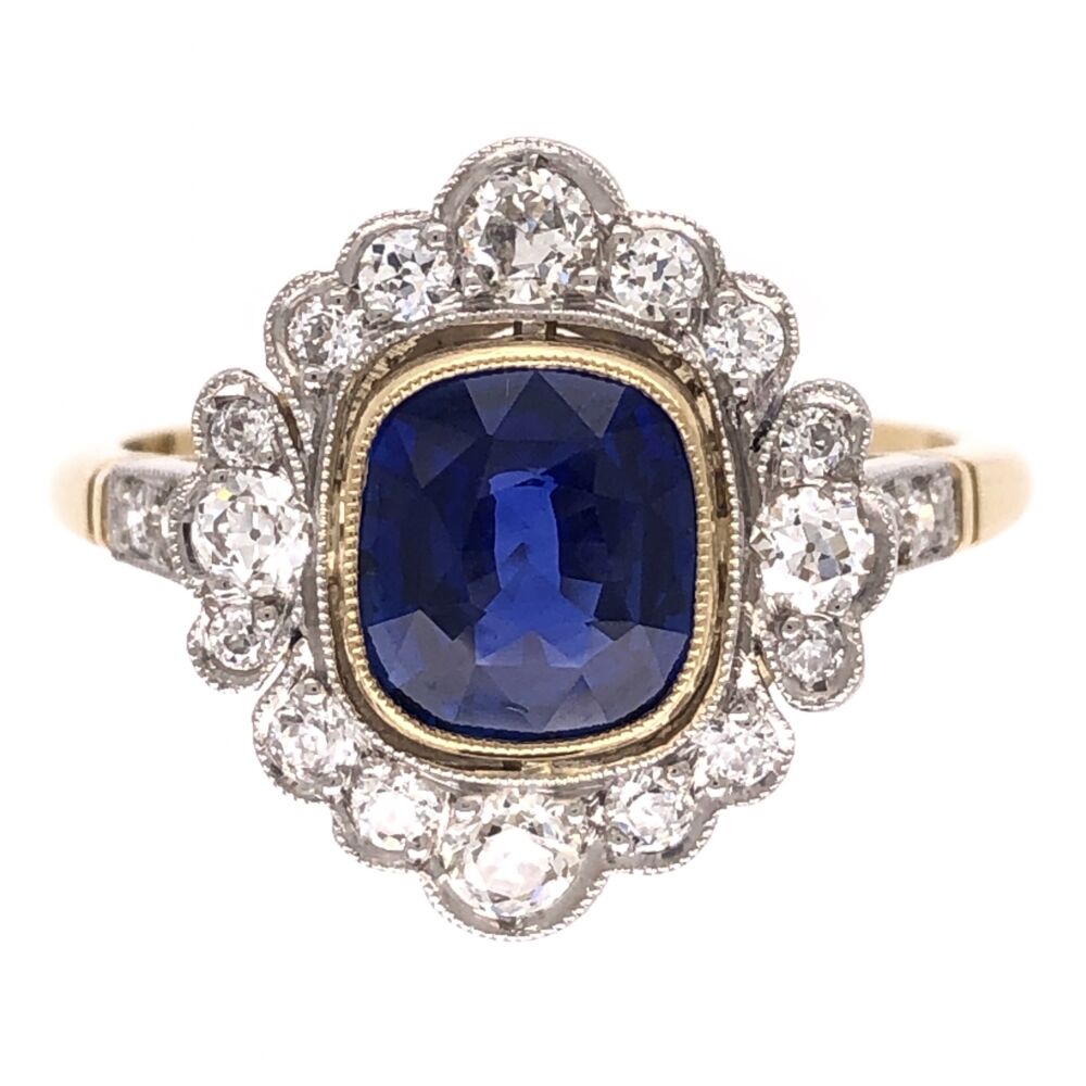 Size 7
GIA# 1206046568
Heated, Ceylon Origin Platinum on 18K Yellow Gold Edwardian 1.28ct Sapphire GIA & .53tcw Diamonds Ring 4.6g, s7