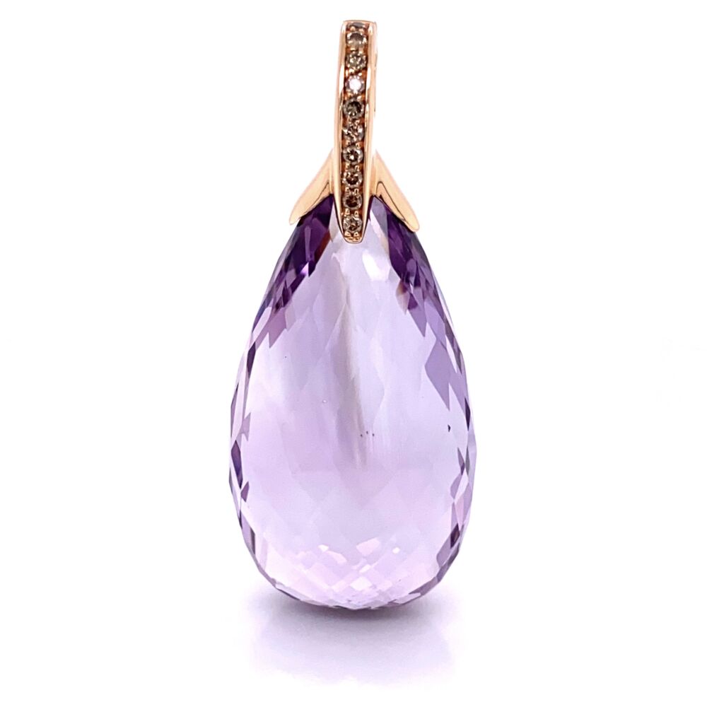 2.25" Tall
<div style="position: initial; margin: initial;"><span style="font-size: 16.8px; position: initial; margin: initial;"><a href="https://youtu.be/ul6NBFdp7L8" title="https://youtu.be/ul6NBFdp7L8" style="text-decoration: none;">https://youtu.be/ul6NBFdp7L8</a></span><br style="position: initial; margin: initial;"></div> 18K Rose Gold 90ct Briolette Amethyst Pendant with .30tcw Champagne Diamonds