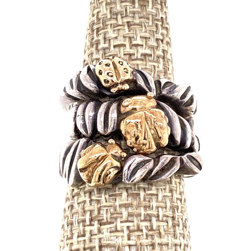 Image 2 for 925 / 14K Yellow Gold Diane Malouf Triple LADY BUG Ring Set 11.9g, s6.5