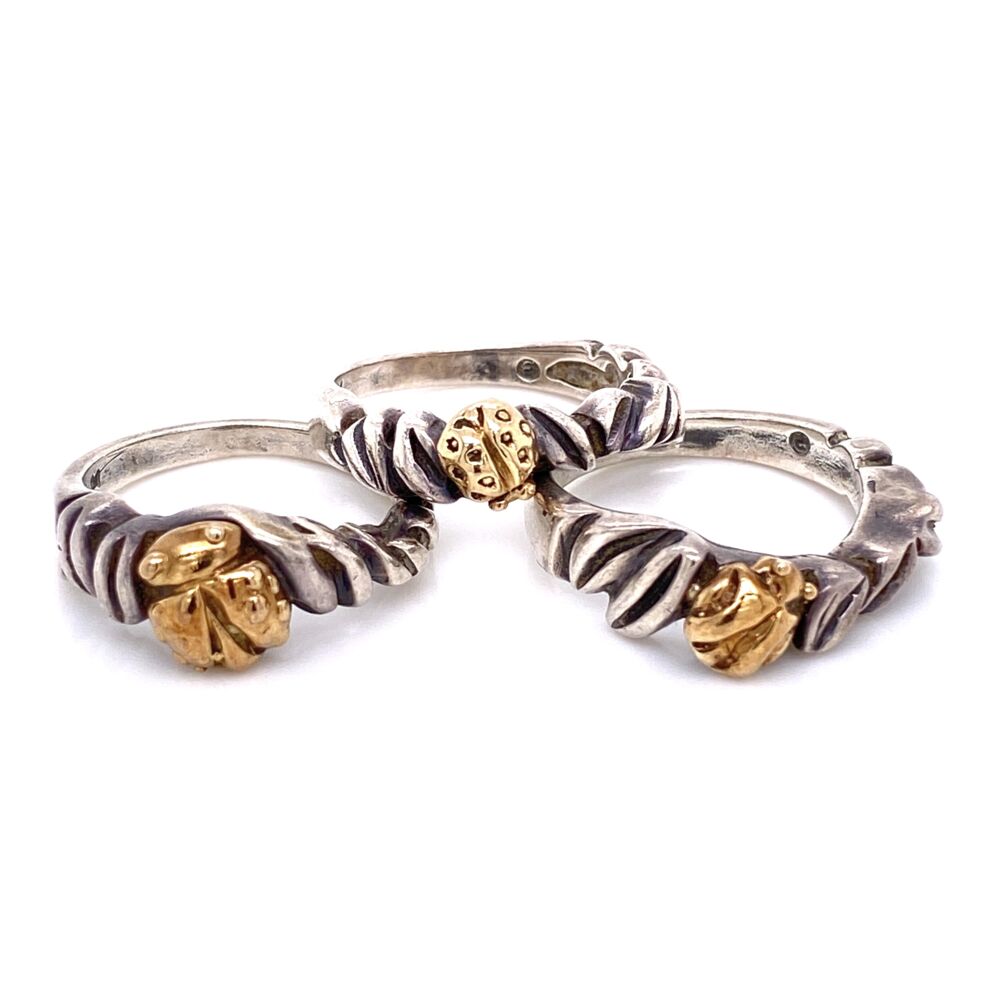 925 / 14K Yellow Gold Diane Malouf Triple LADY BUG Ring Set 11.9g, s6.5