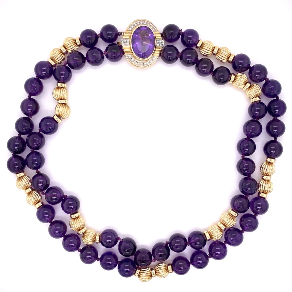 14K Yellow Gold 10mm Amethyst Bead Necklace with .25tcw Diamond Clasp 88.0g, 15'
