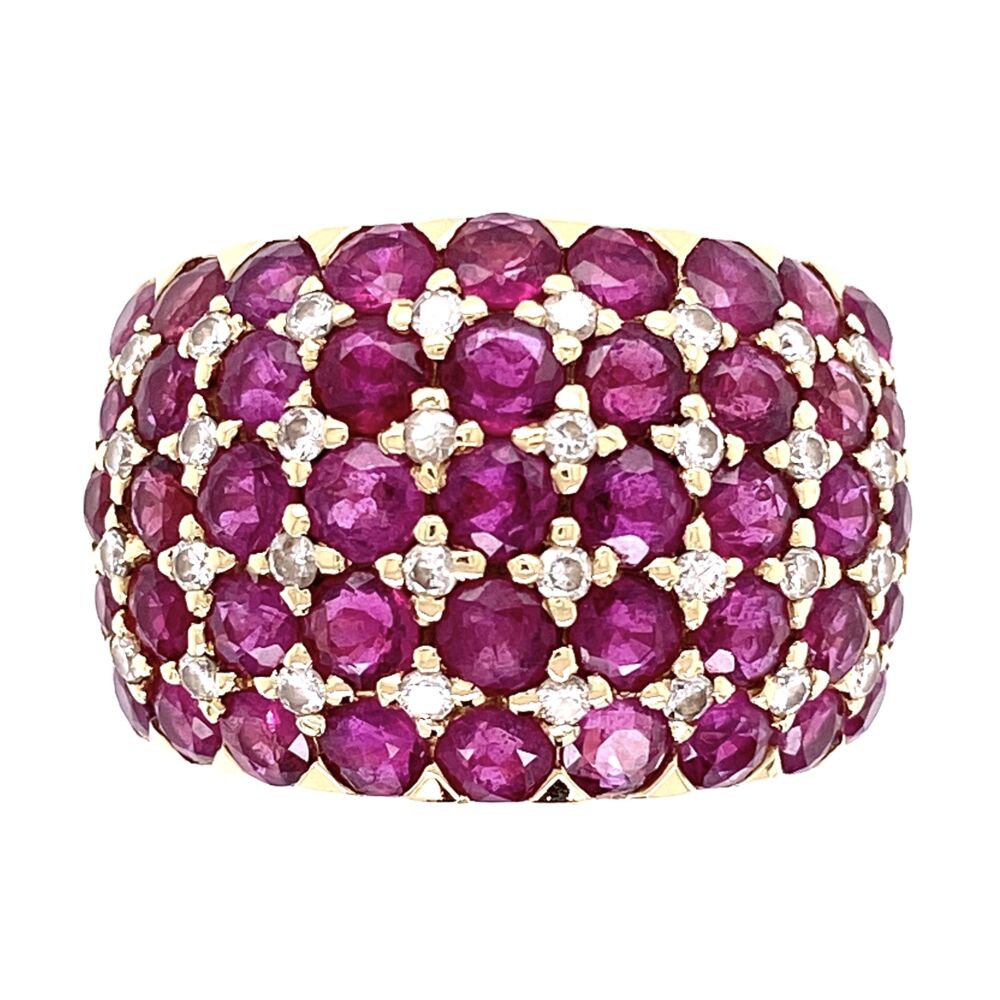 15mm wide
Sits 5.1mm off the finger 14K Yellow Gold 5 Row 3.00tcw Ruby & .32tcw Diamond Band Ring 11.6g, s7