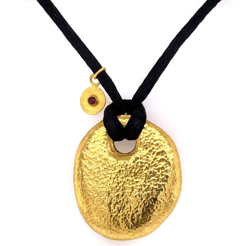 24K Yellow Gold GURHAN Hammered Pebble Necklace on Black Silk 17.6g, 16"