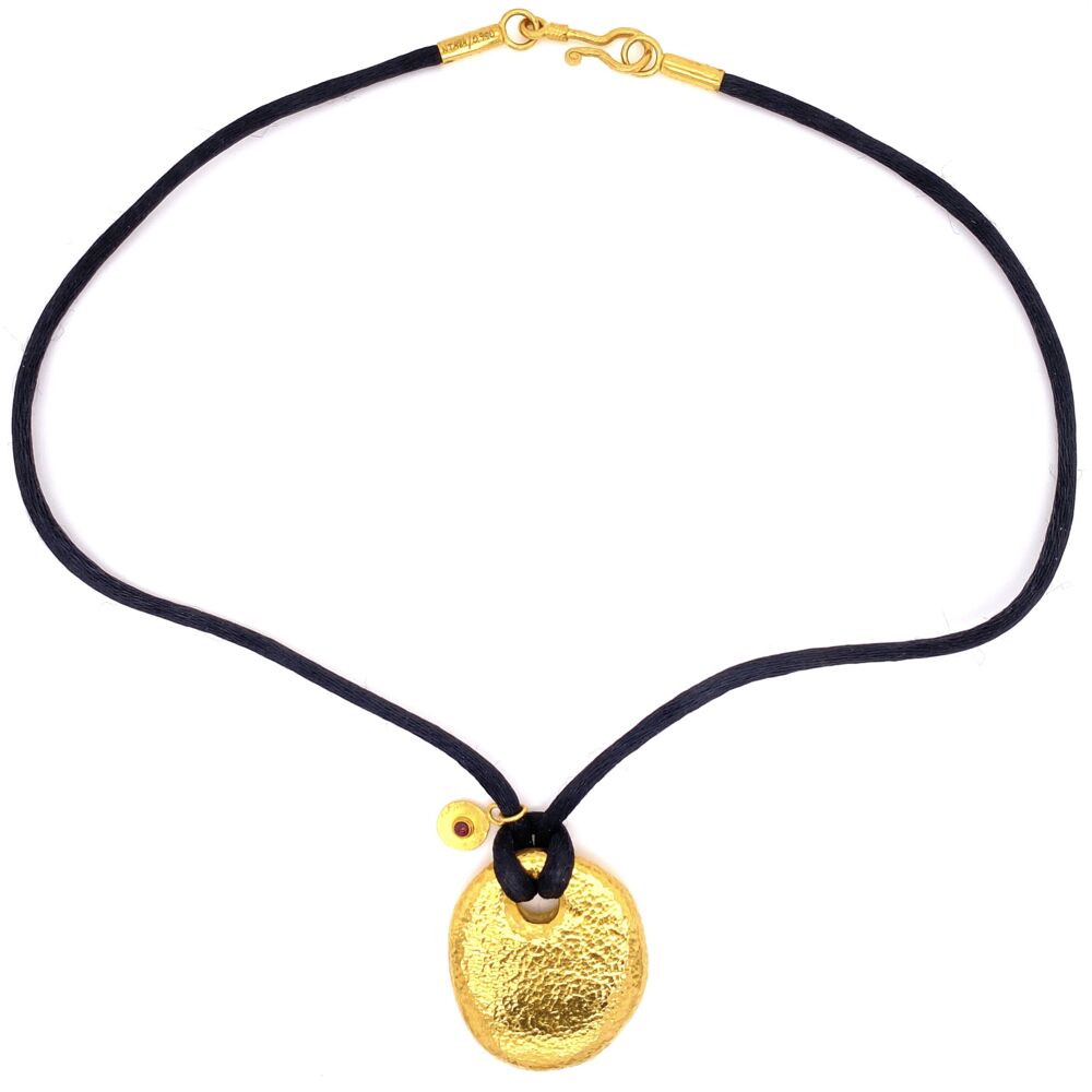 Image 2 for 24K Yellow Gold GURHAN Hammered Pebble Necklace on Black Silk 17.6g, 16"