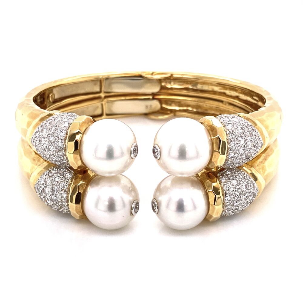 F-VS Diamonds 18K Yellow Gold Hammered Cuff 12mm Pearls & 3.20tcw Diamonds 74.3g