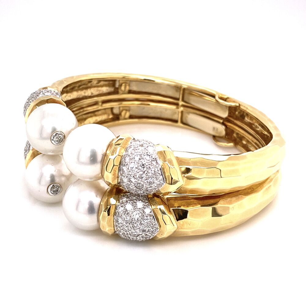 Image 2 for 18K Yellow Gold Hammered Cuff 12mm Pearls & 3.20tcw Diamonds 74.3g