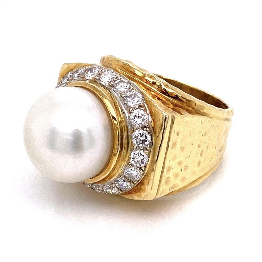 Image 2 for 18K Yellow Gold Hammered 14mm Pearl & 1.50tcw Diamond Ring 26.3g, s7