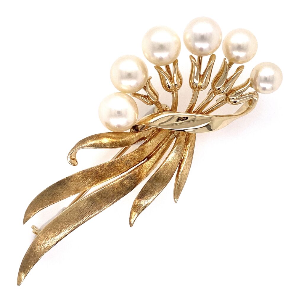 Stamped M for Mikimoto 14K Yellow Gold MIKIMOTO 6- 5.5-7mm Pearl Brooch 10.6g 2.5" Long