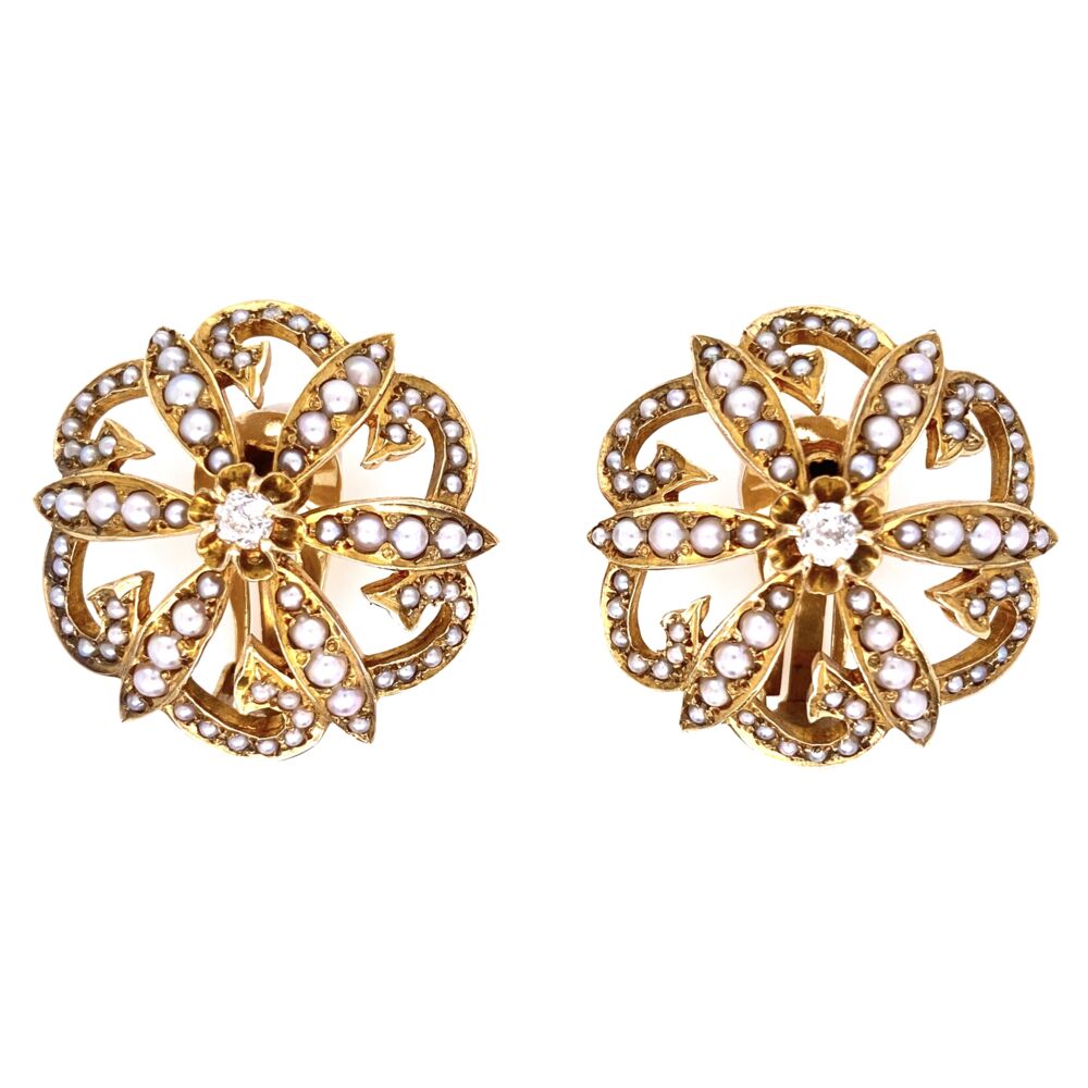 14K Yellow Gold Victorian Seed Pearl & .20tcw Diamond Clip Earrings 17.1g, 1.1" Diameter