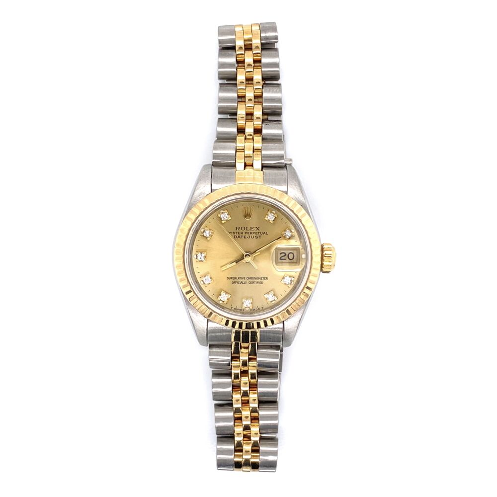 JUST Serviced November 2019
Serial# R934364 ROLEX 69173 Ladies 26mm 2tone 18K Yellow Gold Stainless with Factory Champagne Diamond Dial