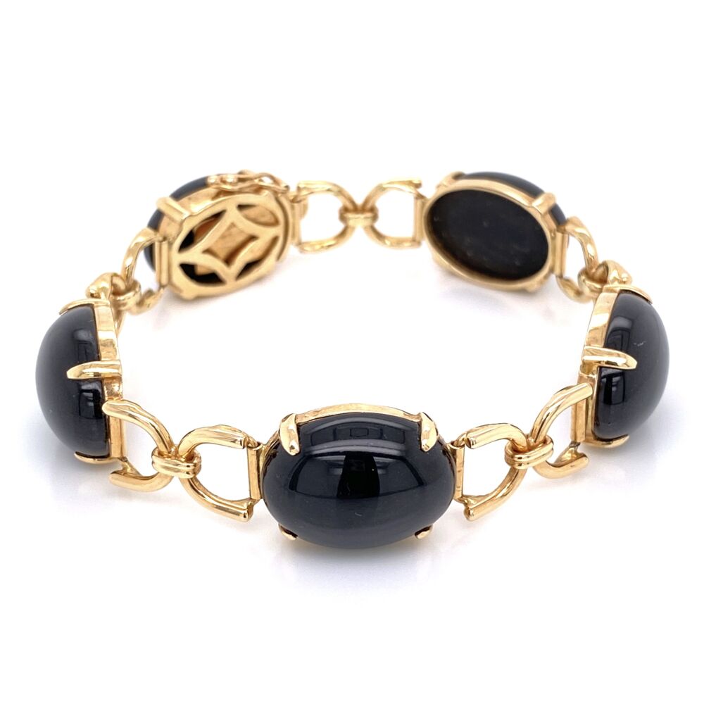 5 Cabochon Black Jade Ovals weigh approx 40tcw<div style="position: initial; margin: initial;"><span style="font-size: 16.8px; position: initial; margin: initial;"><a href="https://youtu.be/taj4J5EB4xE" title="https://youtu.be/taj4J5EB4xE" style="text-decoration: none;">https://youtu.be/taj4J5EB4xE</a></span><br style="position: initial; margin: initial;"></div> 14K Yellow Gold GUMP'S Black Jade Link Bracelet 18.0g, 6"