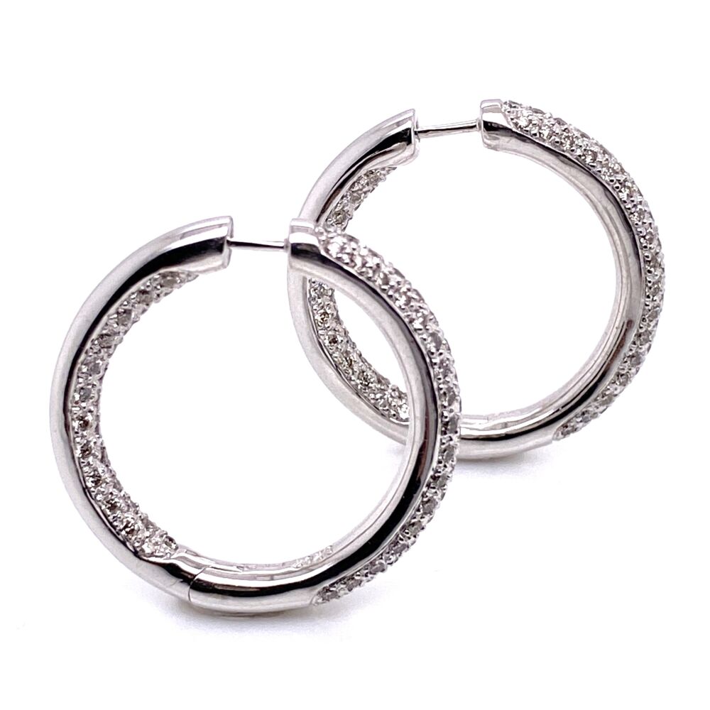 Image 2 for 14K White Gold Pave 3-Row Diamonds Inside Out Hoops 2.02tcw, 9.9g, 1"