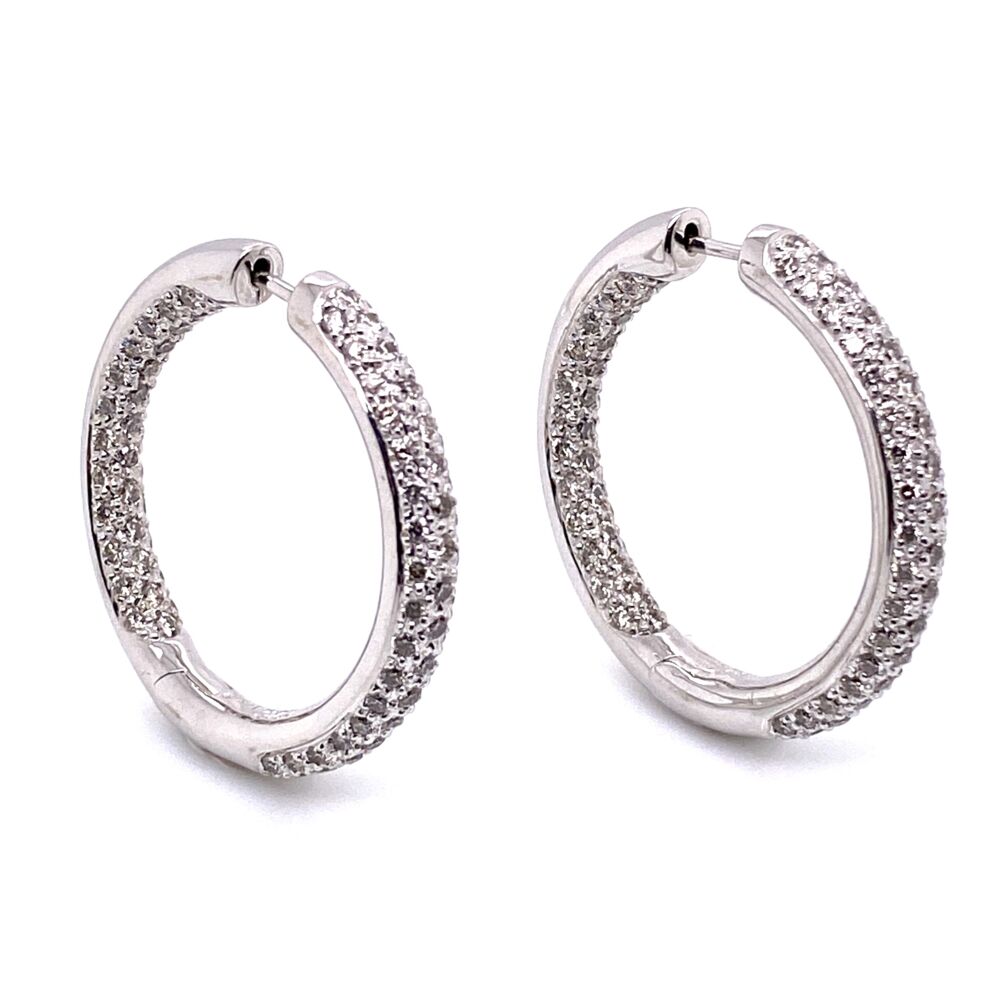 14K White Gold Pave 3-Row Diamonds Inside Out Hoops 2.02tcw, 9.9g, 1"