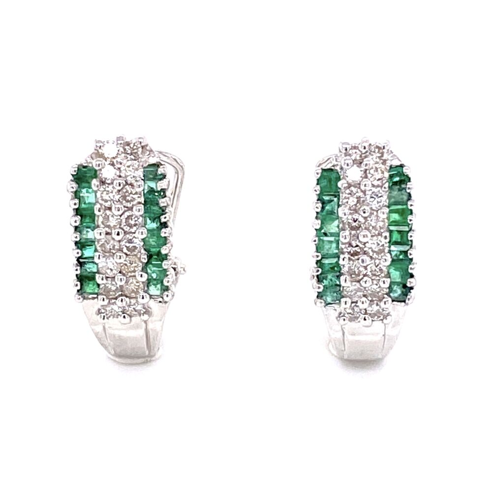 These 14k white gold earrings feature emeralds as well as diamonds. These are fitted with a clip clasp to keep them firmly in place.
DIA weight: .50 cts
Emerald weight: .30 cts
14k White Gold weight: 2.8 grams Diamond & Emerald Clip Earrings