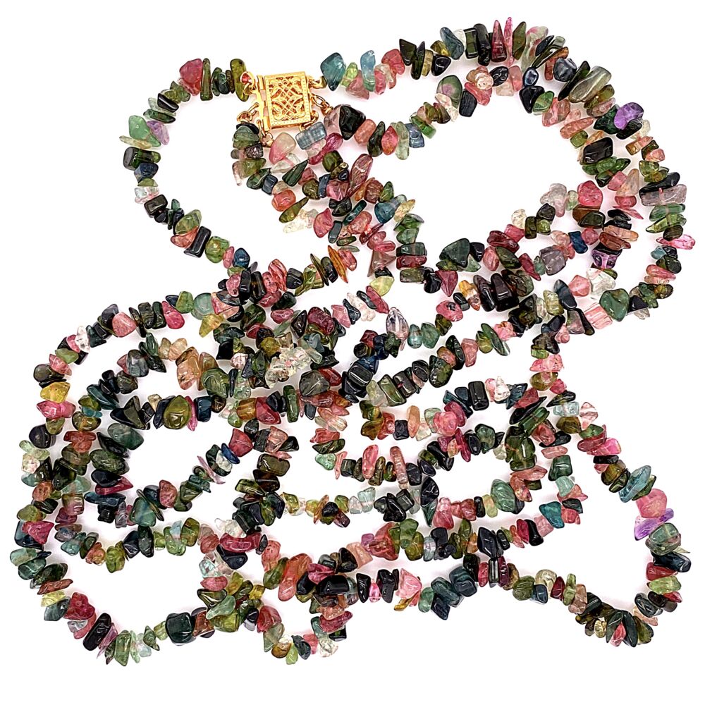 Green, Pinks and Colorless Tourmalines tumbled, drilled and strung 14K YG 3 Strand of Tumbled Tourmaline Necklace 79.2g, 17"