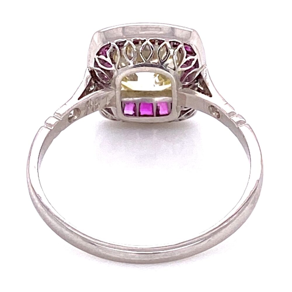 Art Deco Revival Platinum 1.96ct Old Mine Diamond & .68tcw Ruby Halo Ring, s7.5