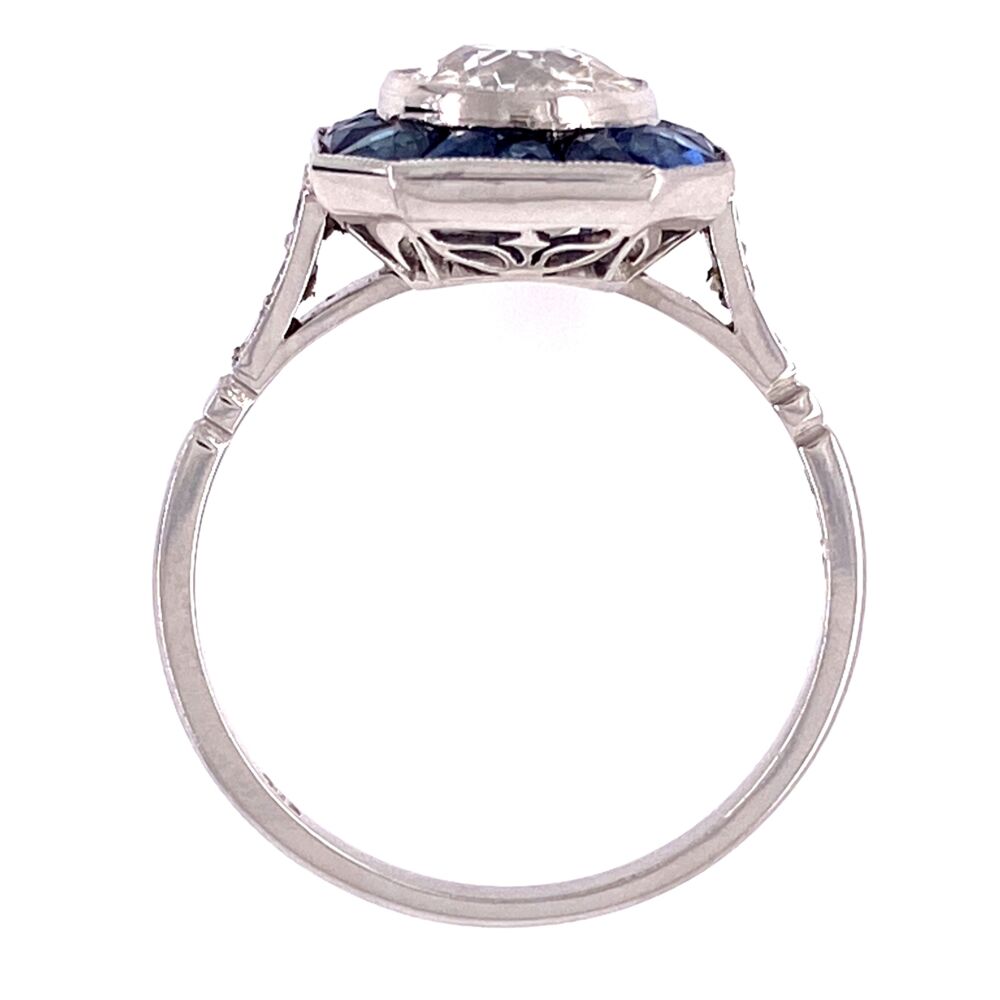 Art Deco Revival Platinum 1.02ct Old European Cut Diamond & French Cut Sapphire Halo Ring, s7