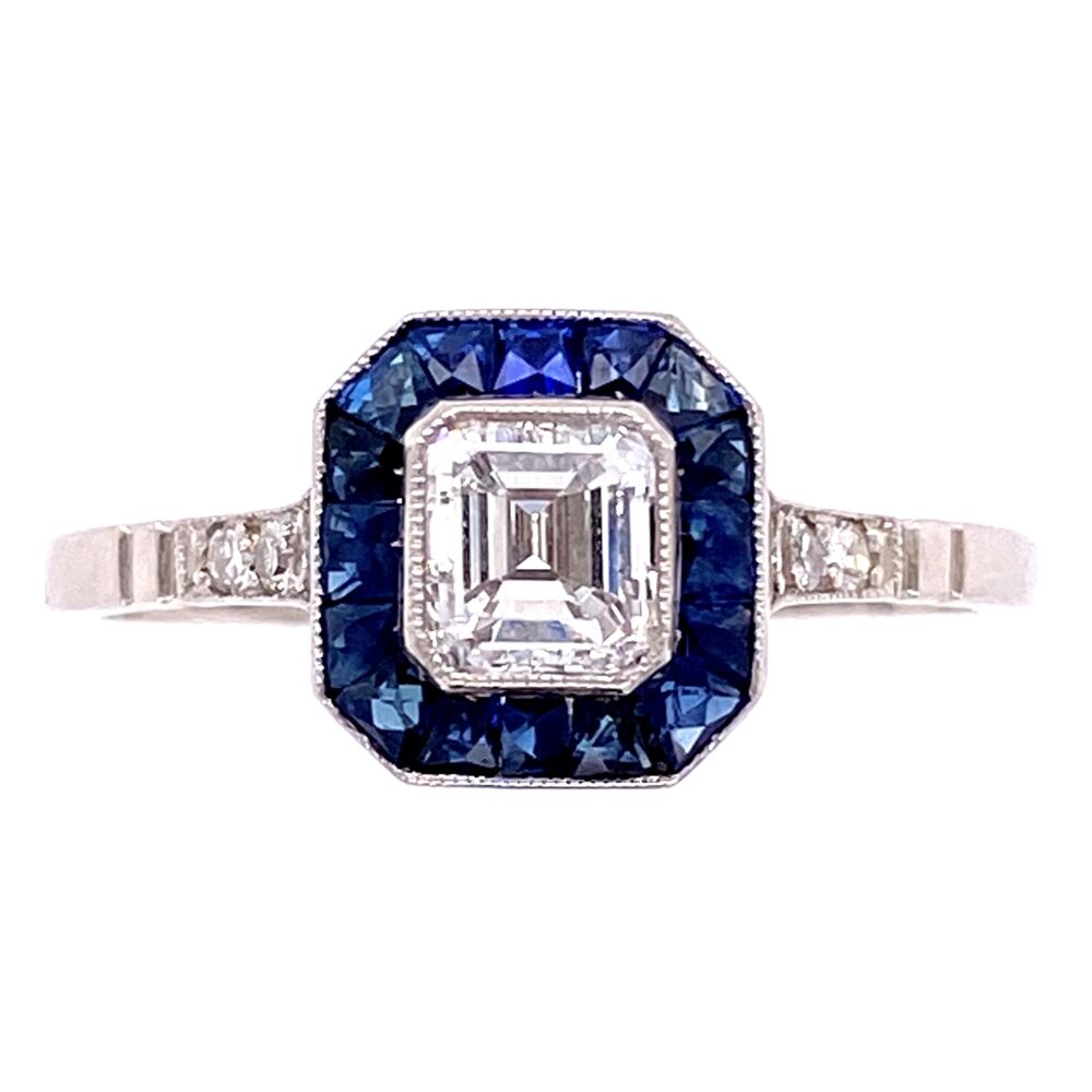 Image 2 for Platinum .60ct Asscher Diamond & .84tcw Sapphire Halo Ring, s7.5