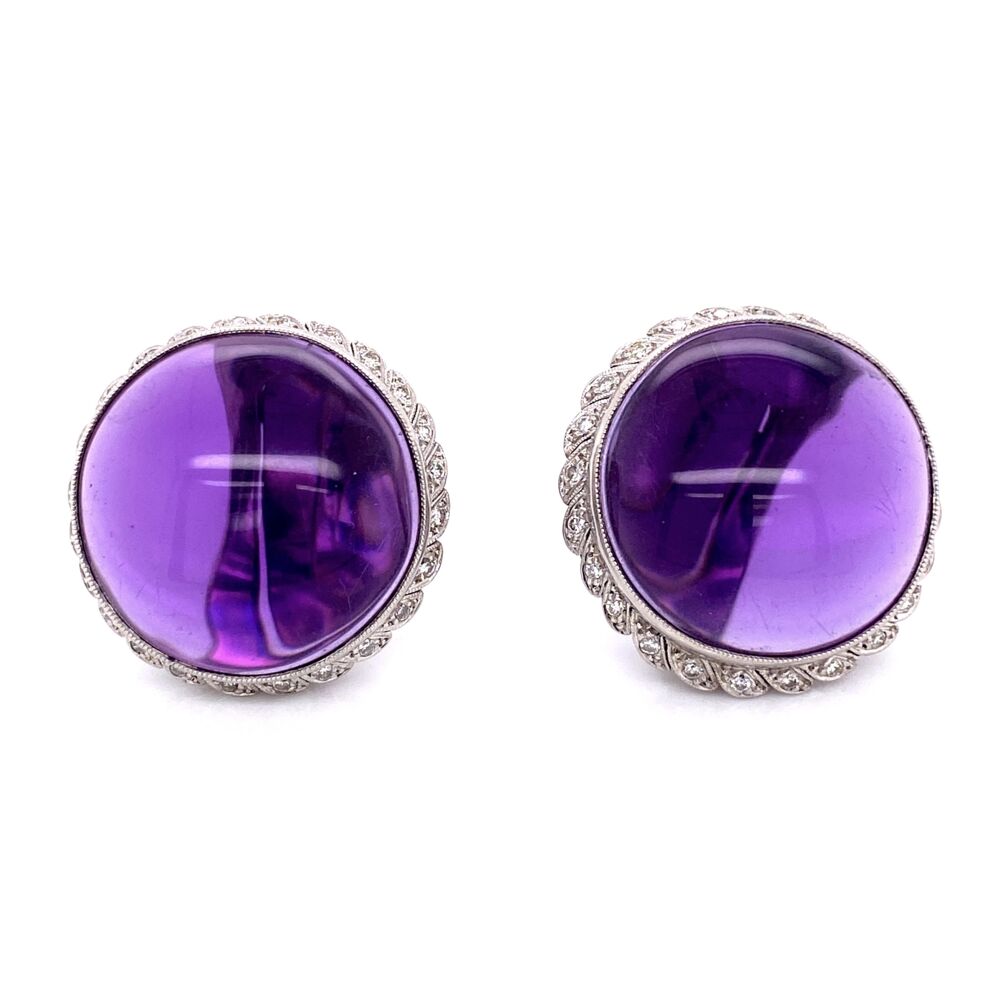 Platinum 50tw Smooth Amethyst & 1.00tcw Diamond Clip Earrings, 32.6g, 1.25in Diameter