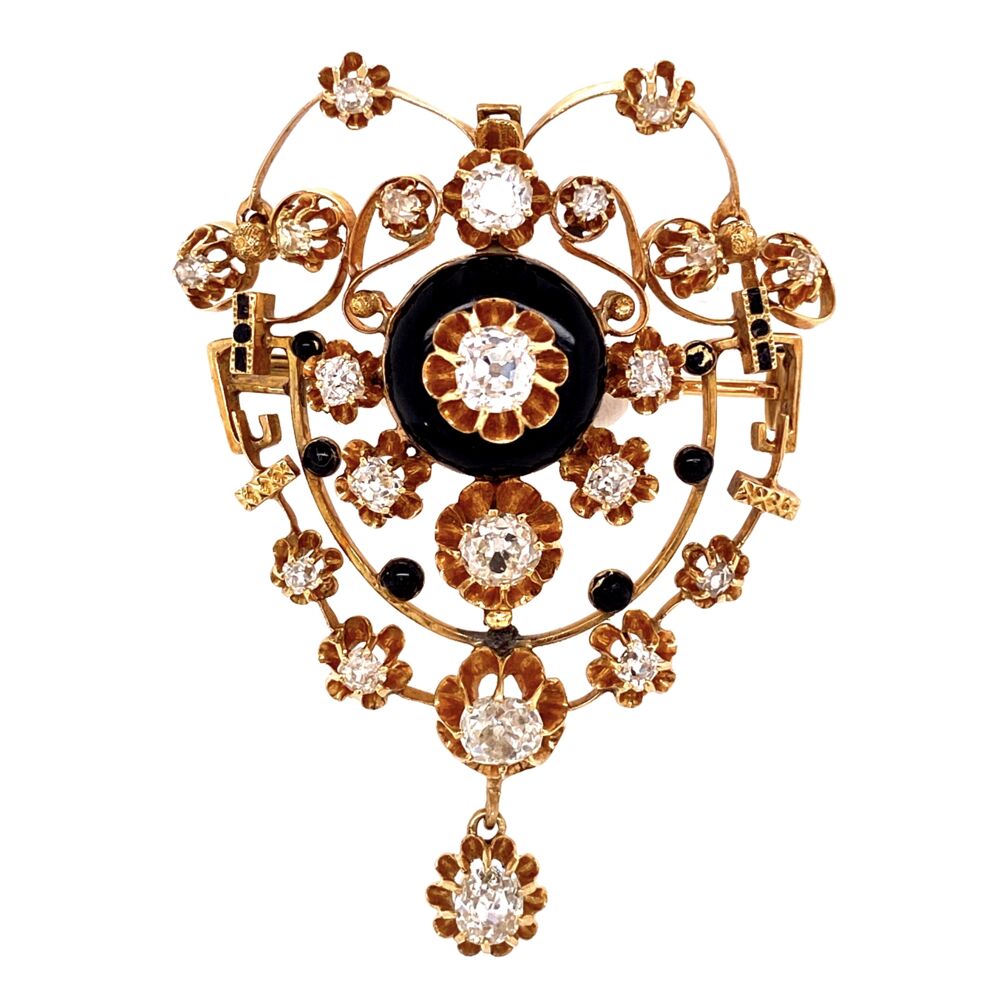 18K YG Victorian Brooch 3.50tcw Diamond & Enamel Brooch Pendant 2.25" Tall