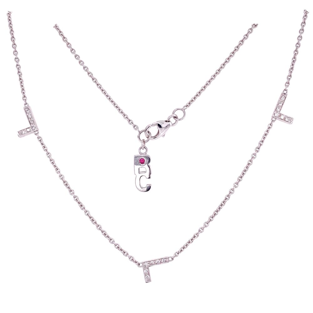 Roberto Coin and their Tiny Treasures line are classic, wearable designs for everyday and this necklace is no exception including the tiny ruby set by the closure. Five Diamond Pave "L" adorn this necklace chain which has approx. .30tcw round diamonds. 18K WG ROBERTO COIN Diamond LOVE Necklace with 5 L's .30tcw, 5.4g, 16" Long