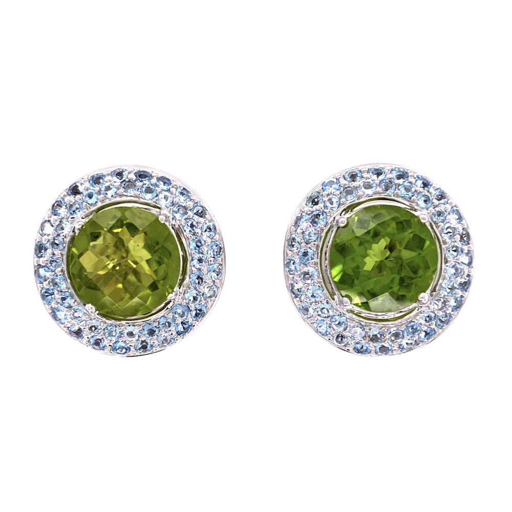 LAURA M makes very high quality fine jewelry and these earrings are no exception. The two round checkerboard cut natural Peridot stones weigh about 5tcw and are surrounded by two rows of pave aquamarine gemstones. The closure is a very fine and secure French style clip back which has no post - however, a post could be added for a small charge. 18K Laura M Peridot and Aquamarine Earrings 14.1g